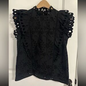Express Black Eyelet Blouse Women’s XS Ruffle Sleeve High Neck Boho Top NWT